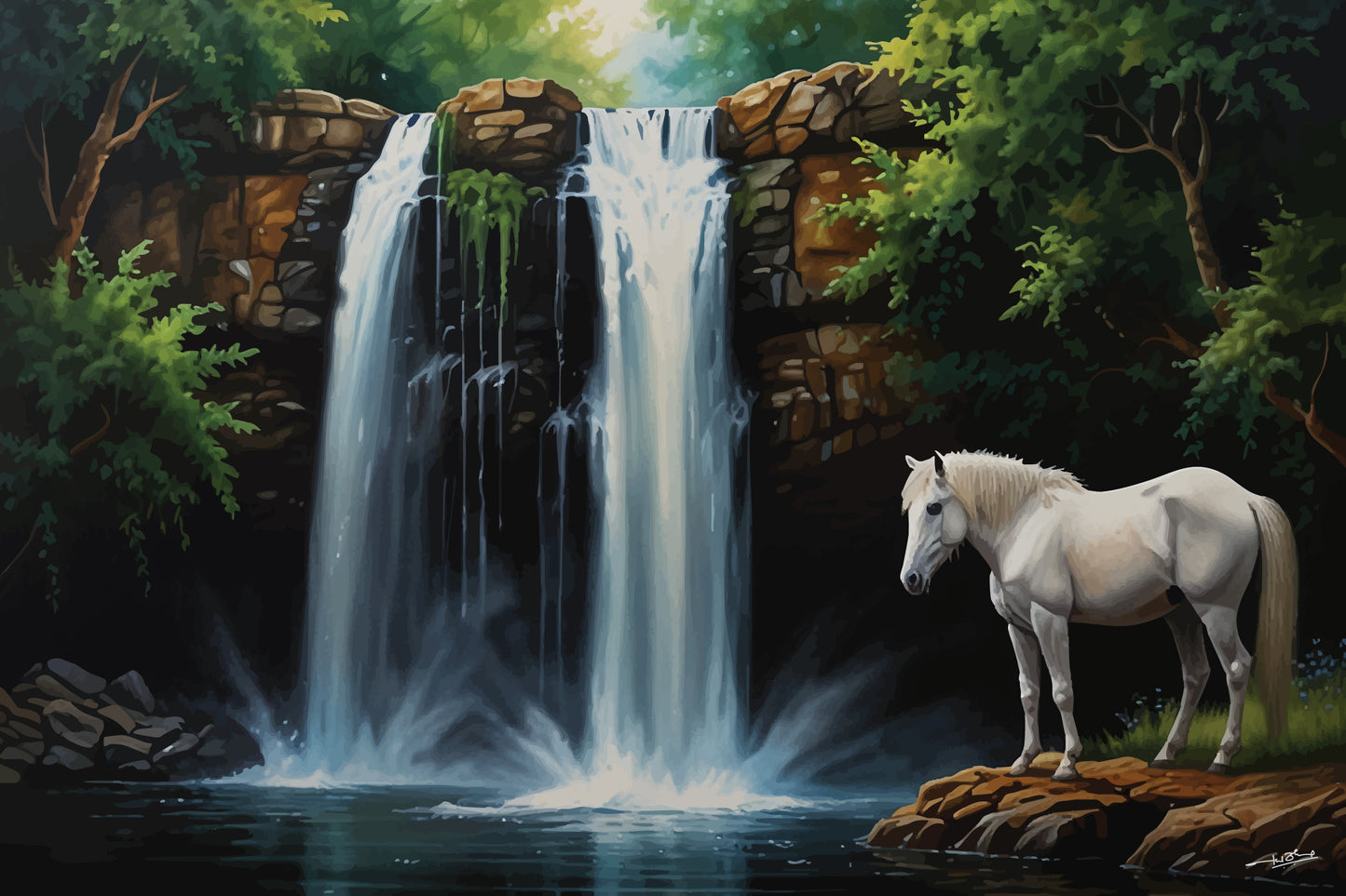 Natural Waterfall with Horse Wall Art